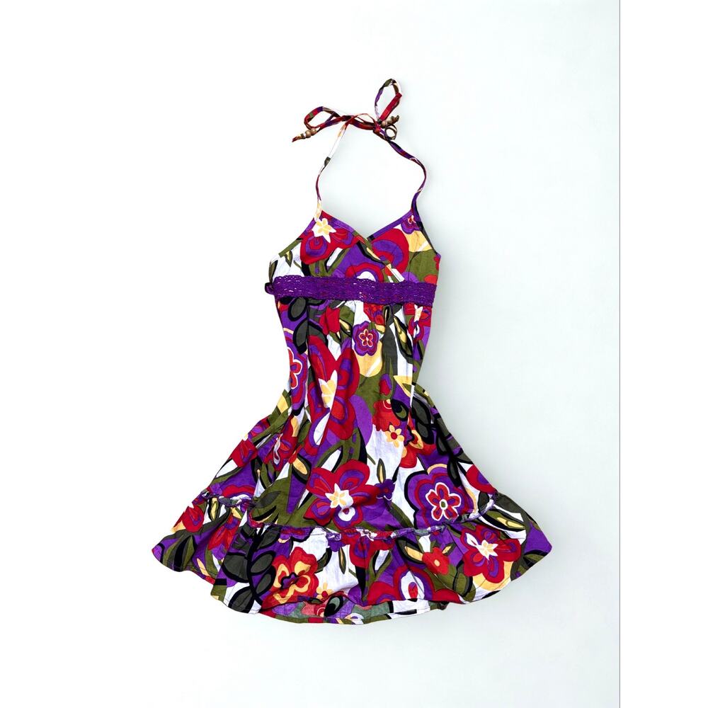 Vtg Y2K Pinky Floral Print Babydoll Top Satin Tieback and Beaded Halter Straps